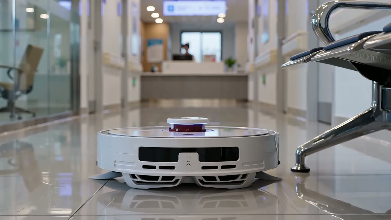 An Alden AI cleaning robot autonomously sanitizing a medical facility corridor